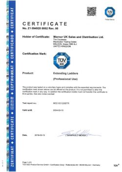 Certifikát prodlužovací žebříky Werner